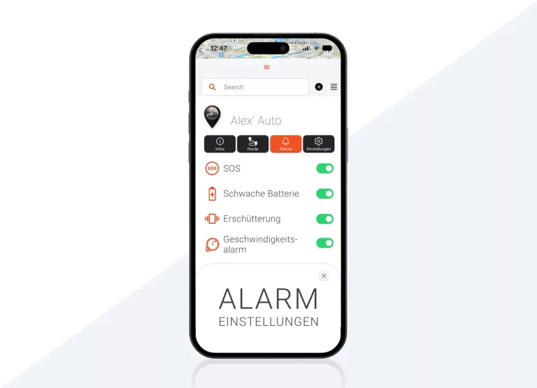Bild der PAJ GPS-App, das die Alarmfunktionen auf dem Bildschirm zeigt.