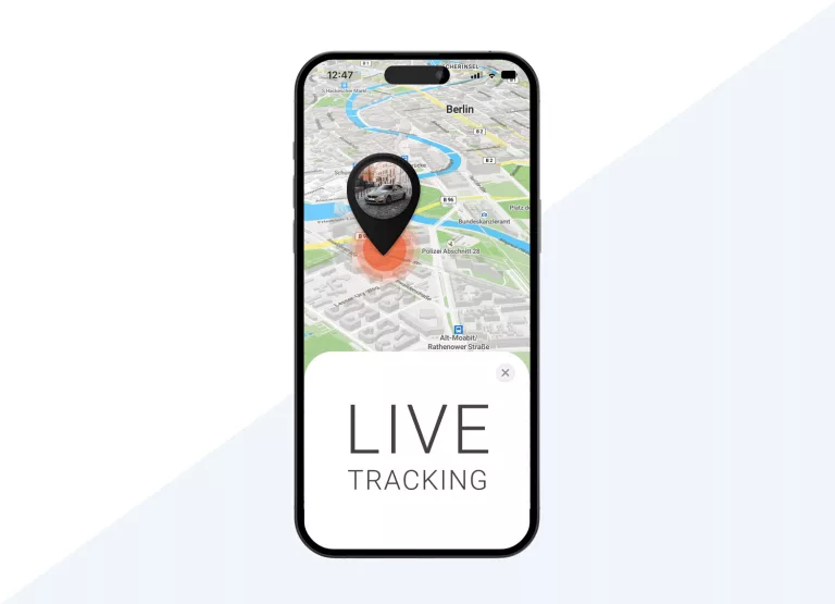 Bild der PAJ GPS-App, das die Live-Tracking-Option auf dem Bildschirm zeigt, mit einer aktuellen Standortanzeige auf der Karte