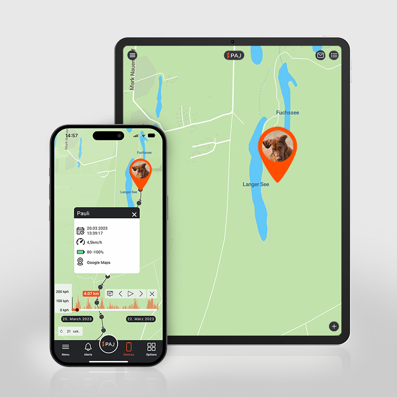 Screenshot der PAJ GPS Finder-App, der eine Vorschau der App auf einem Smartphone und Tablet zeigt.