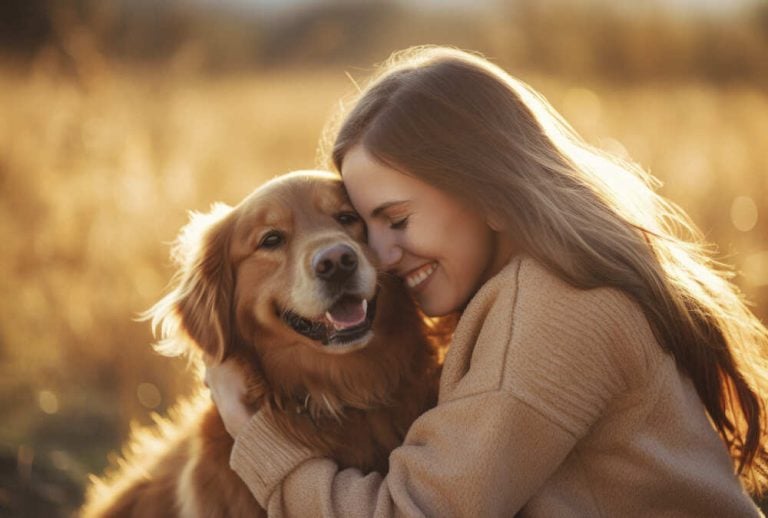 Eine Frau kuschelt ihrem Hund